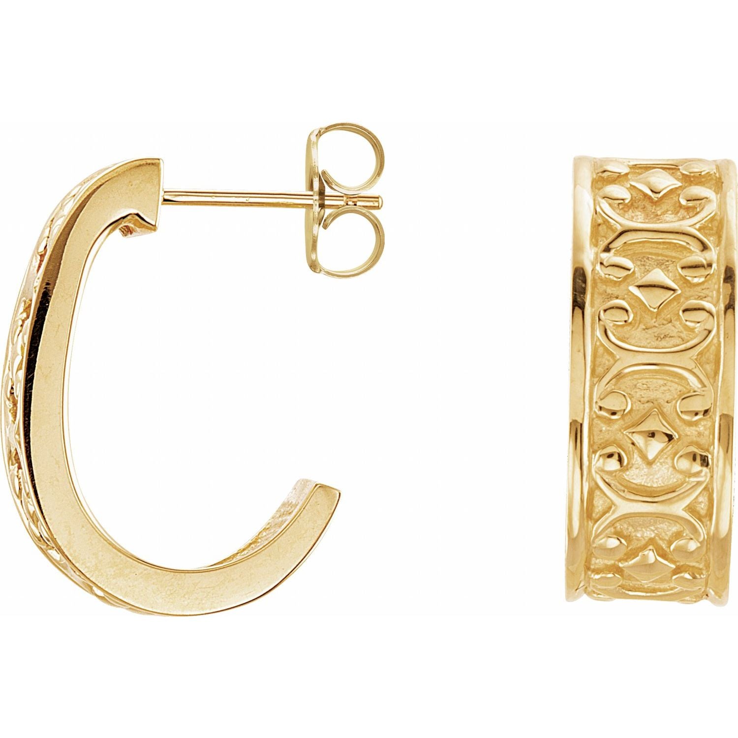 Patterned J-Hoop Gold Earrings in 14K Yellow Gold