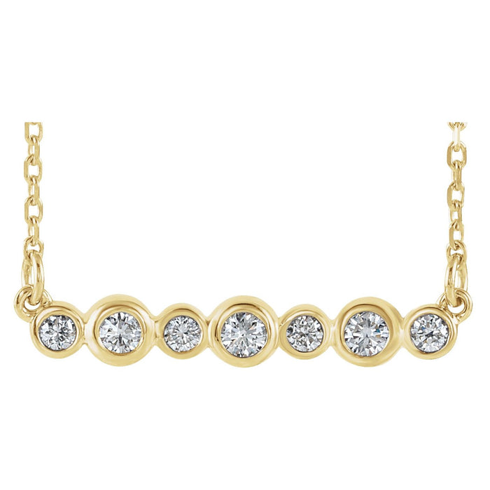 14K Yellow Gold bezel-set bar diamond necklace — 1/5 ct natural diamonds on an included 16-18" chain