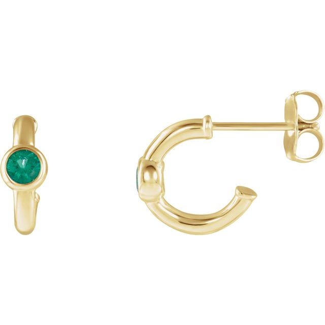 lab-grown emerald huggie hoop earrings in 14k yellow gold
