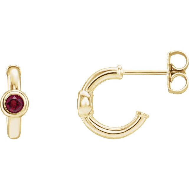 lab-grown ruby huggie hoop earrings in 14k yellow gold