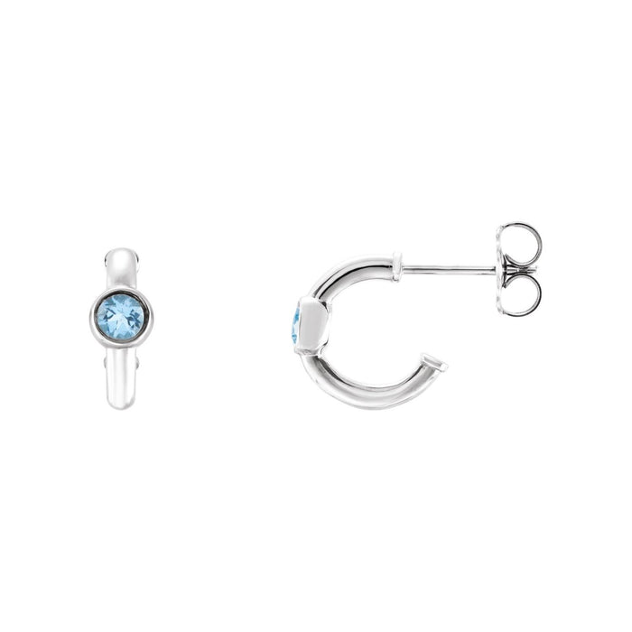 14K White Gold natural aquamarine round hoop earrings