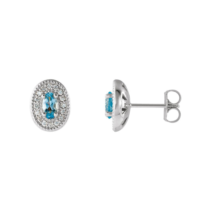 Diamond Halo Stud Natural Aquamarine Earrings (1/8 ct) in Platinum