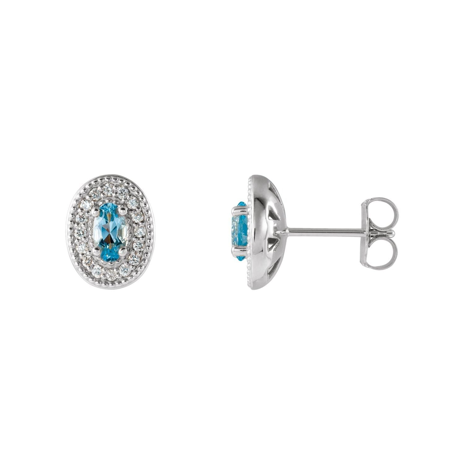 14K White Gold natural aquamarine oval earrings