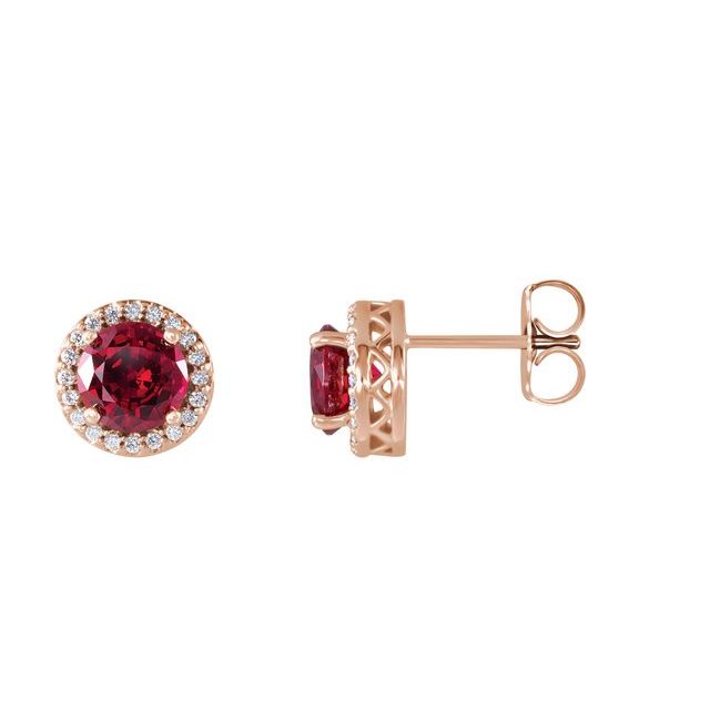 july ruby round diamond halo earrings in 14k rose gold
