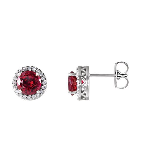 july ruby round diamond halo earrings in 14k white gold