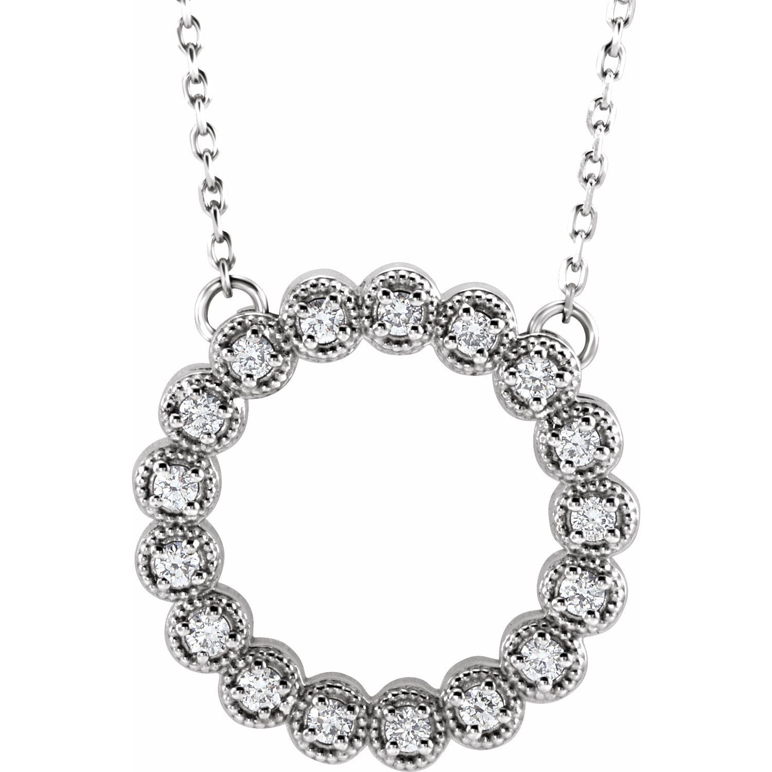 14K White Gold pave circle diamond necklace — 1/5 ct natural diamonds on an included 16-18" chain