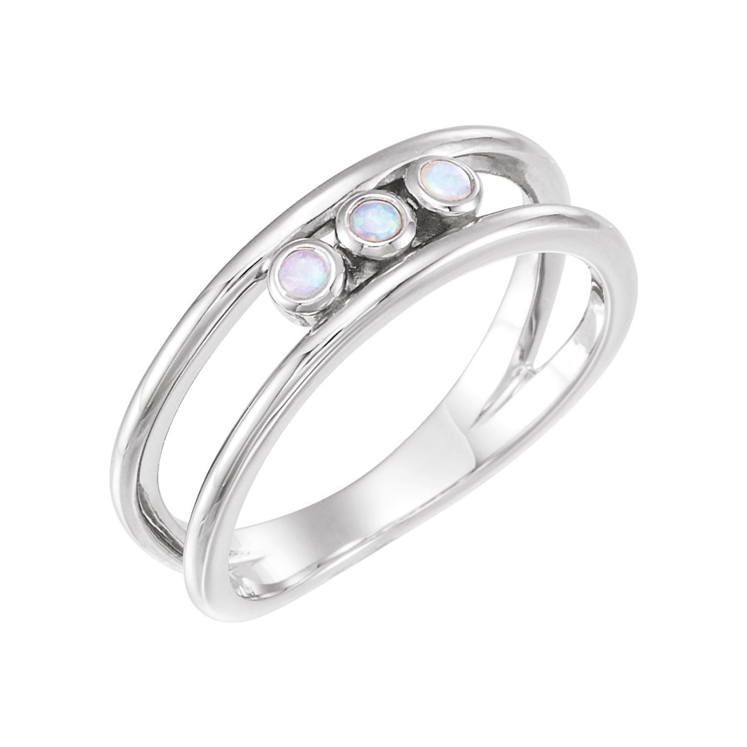 Opal Three-Stone Bezel Ring in 14K White Gold - natural opal