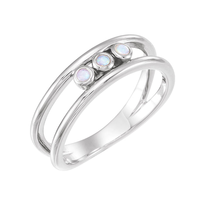 Opal Three-Stone Bezel Ring in 14K White Gold - natural opal