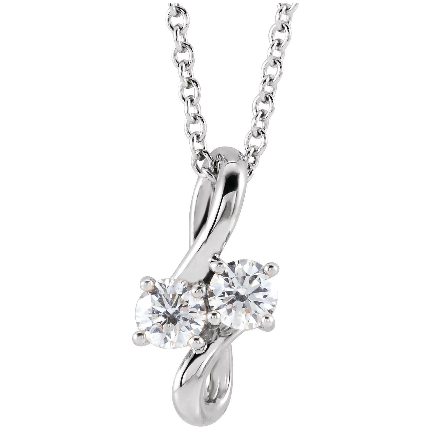 14K White Gold two-stone bypass diamond necklace — 1/5 ct natural diamonds on an included 16-18" chain