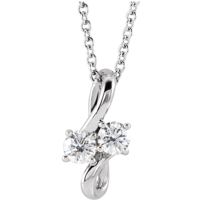 14K White Gold two-stone bypass diamond necklace — 1/5 ct natural diamonds on an included 16-18" chain