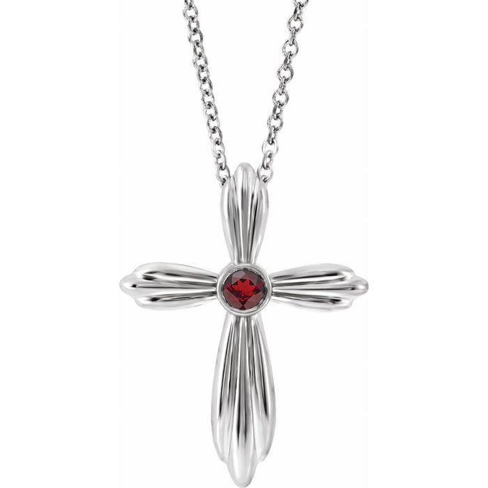 Garnet Cross Necklace 16-18" in 14K White Gold