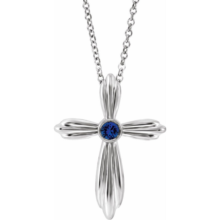 Blue Sapphire Cross Necklace 16-18" in 14K White Gold