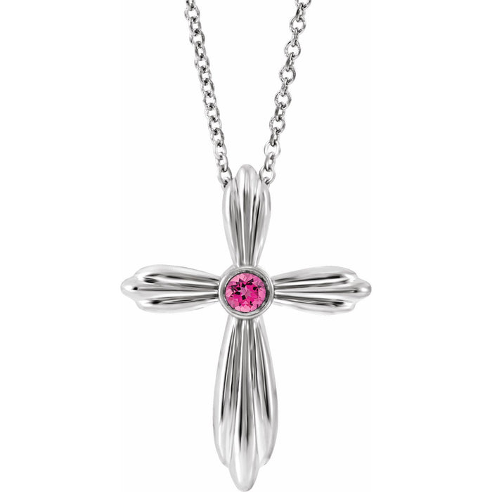 Pink Tourmaline Cross Necklace 16-18" in 14K White Gold
