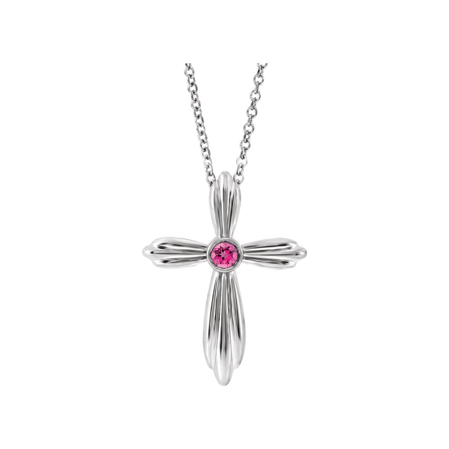 pink tourmaline cross pendant, 14K White Gold