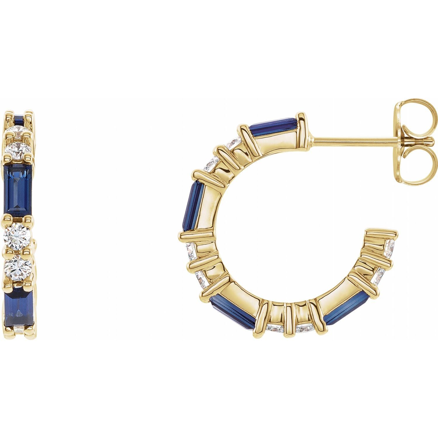 September Sapphire Baguette Diamond Hoop Earrings (1/2 ct tw) in 14k Yellow Gold