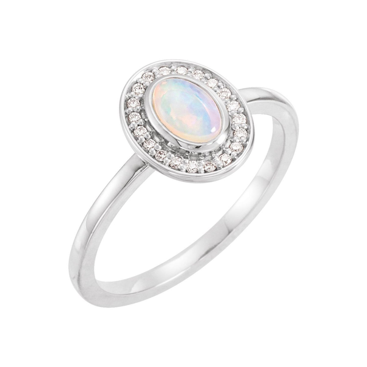 Rainbow Moonstone & Diamond Oval Halo Ring in 14K White Gold - natural rainbow moonstone