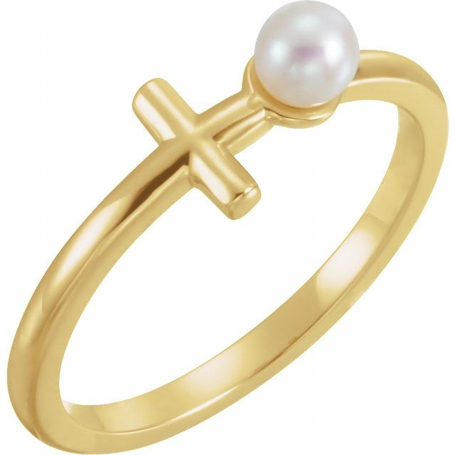 sideways cross cultured pearl ring in 14k yellow gold