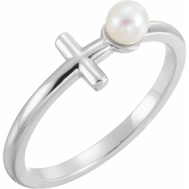 sideways cross cultured pearl ring in 14k white gold