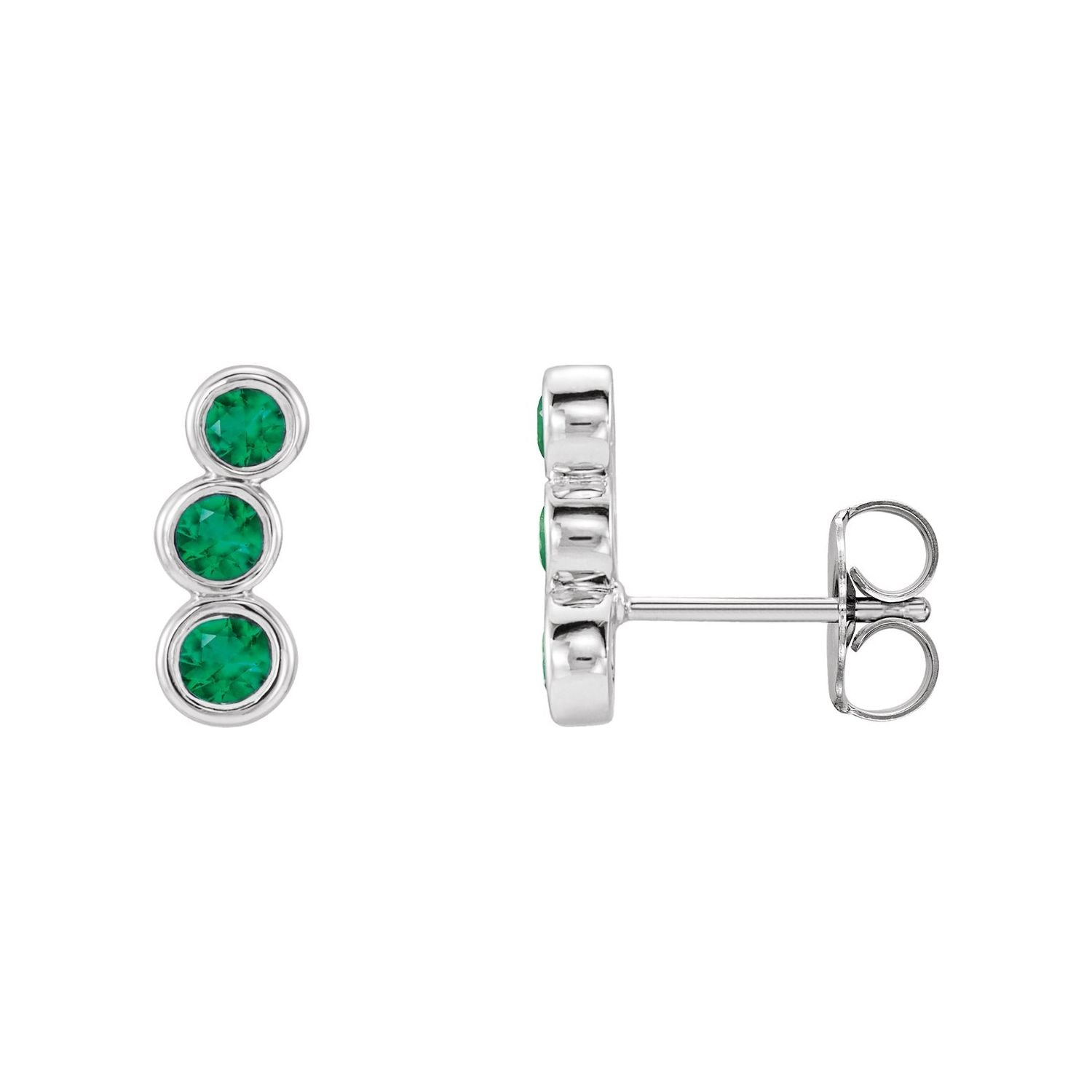 14K White Gold graduated bezel-set natural emerald ear climber earrings