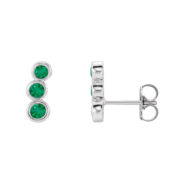 14K White Gold graduated bezel-set natural emerald ear climber earrings