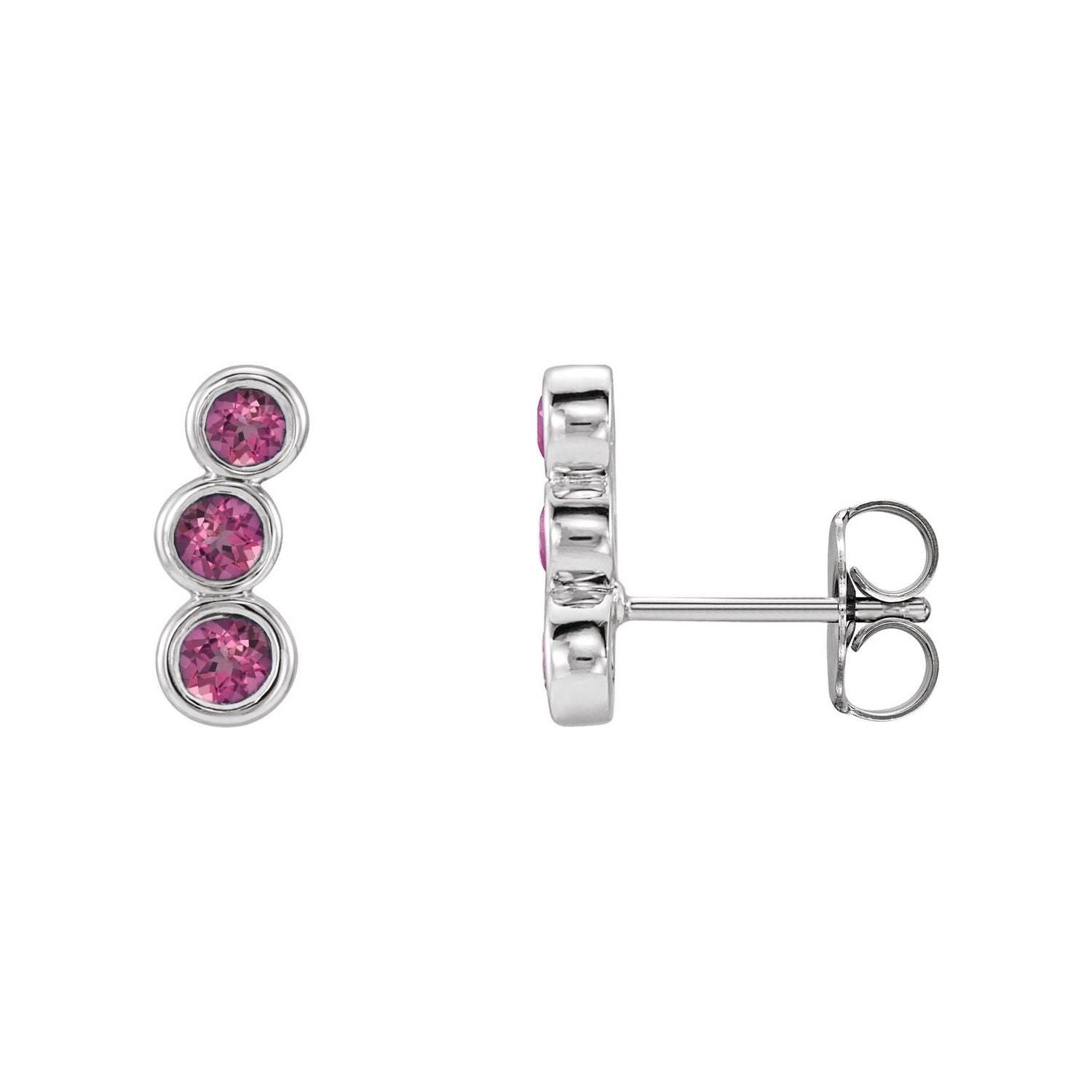 14K White Gold natural pink tourmaline round ear climbers