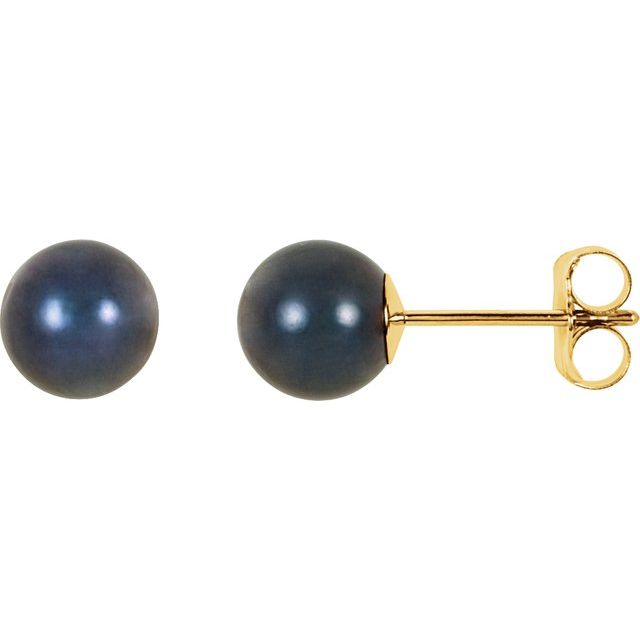 6mm black akoya pearl stud earrings in 14k yellow gold