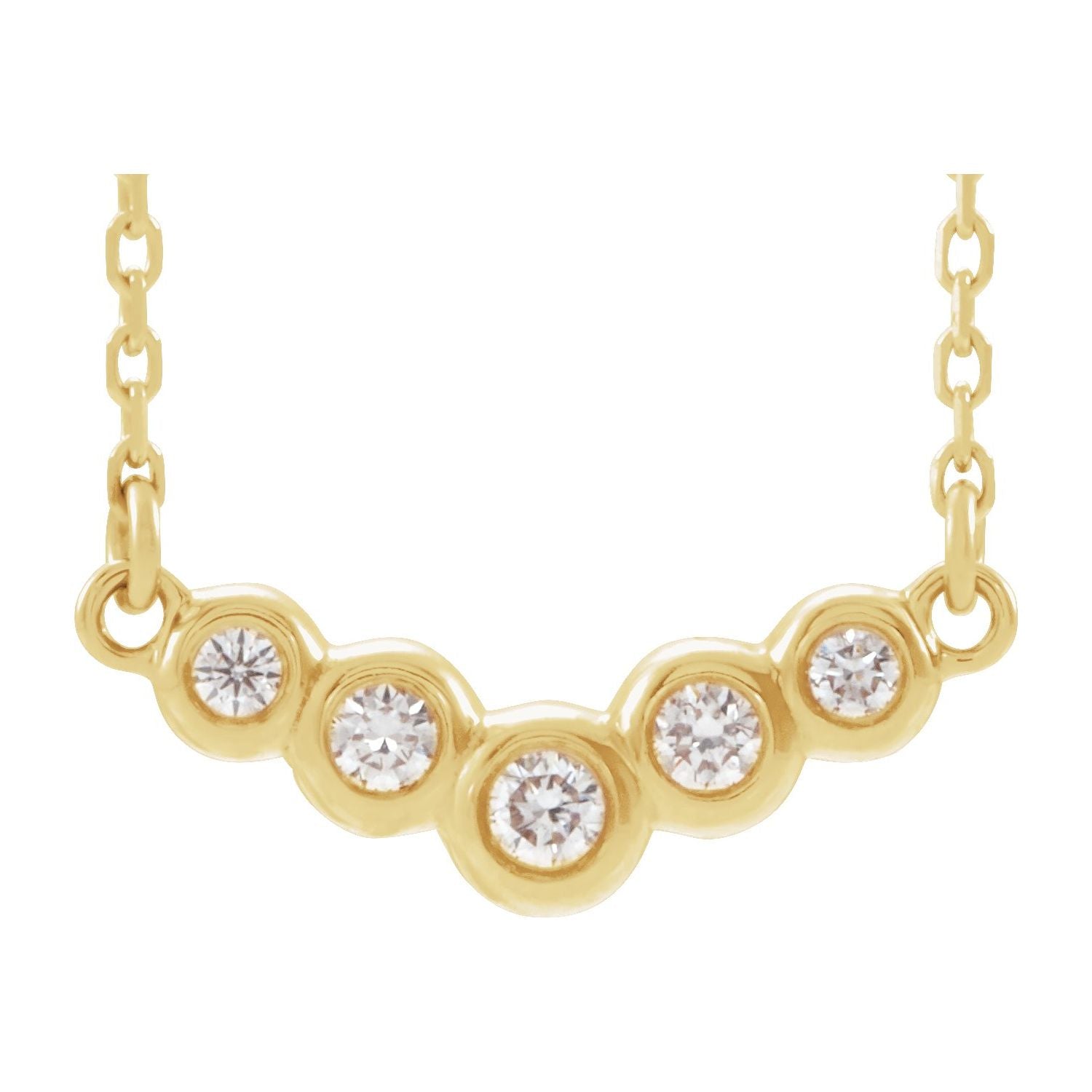 14K Yellow Gold bezel-set V diamond necklace — 1/8 ct natural diamonds on an included 16" chain
