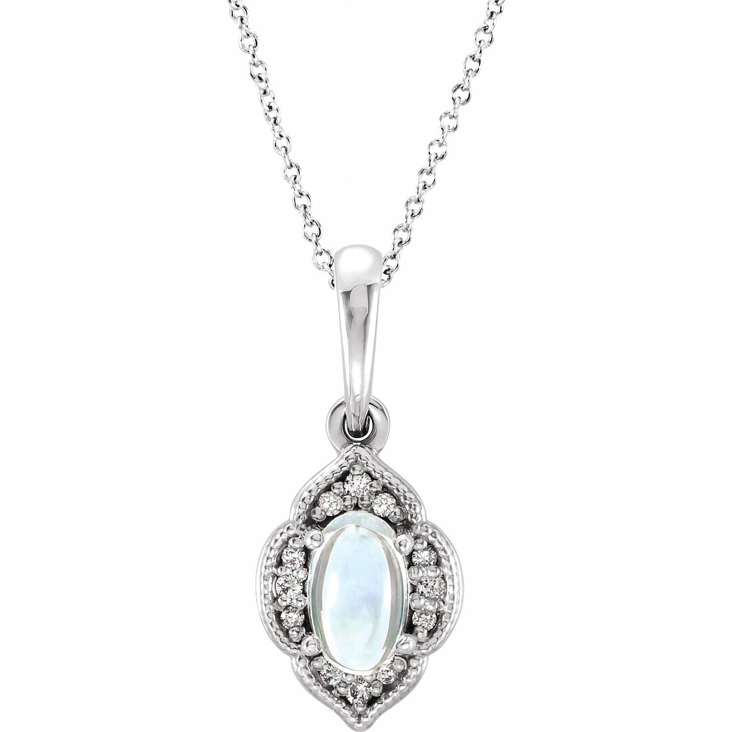 14K White Gold Rainbow Moonstone & Diamond Necklace