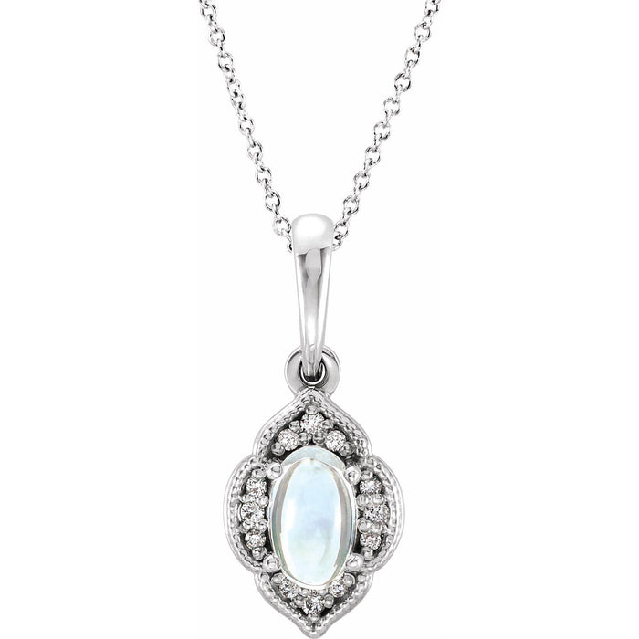 14K White Gold Rainbow Moonstone & Diamond Necklace