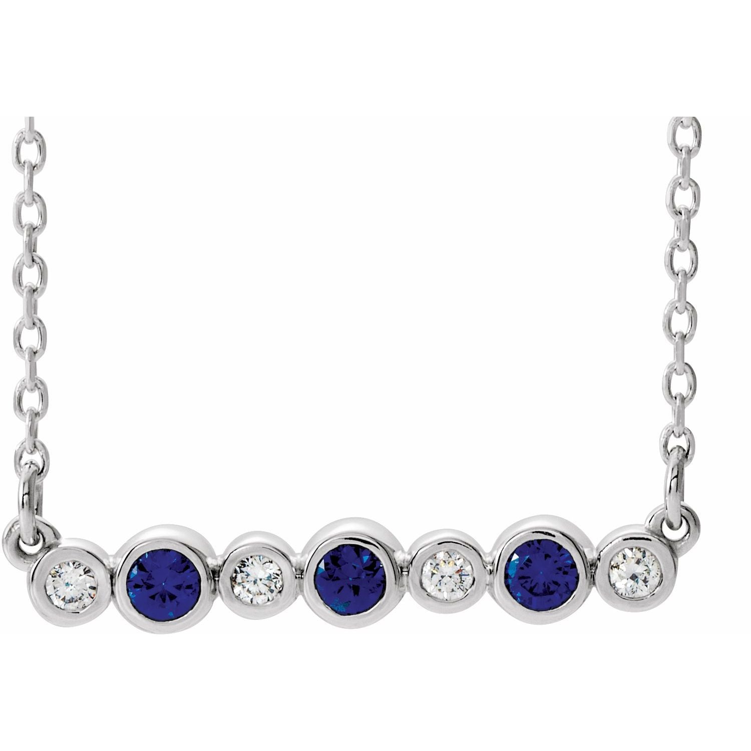 14K White Gold natural blue sapphire bezel-set blue sapphire and diamond pendant