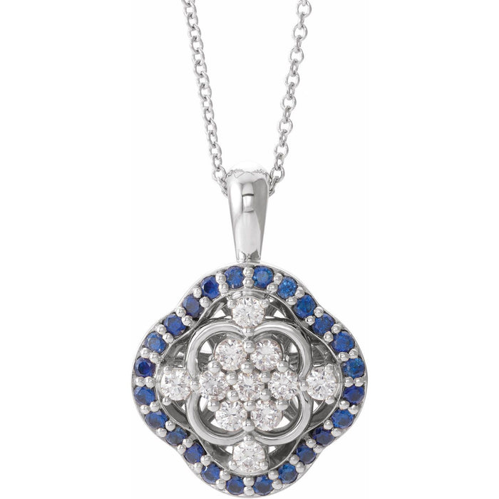 14K White Gold natural blue sapphire blue sapphire diamond cluster pendant