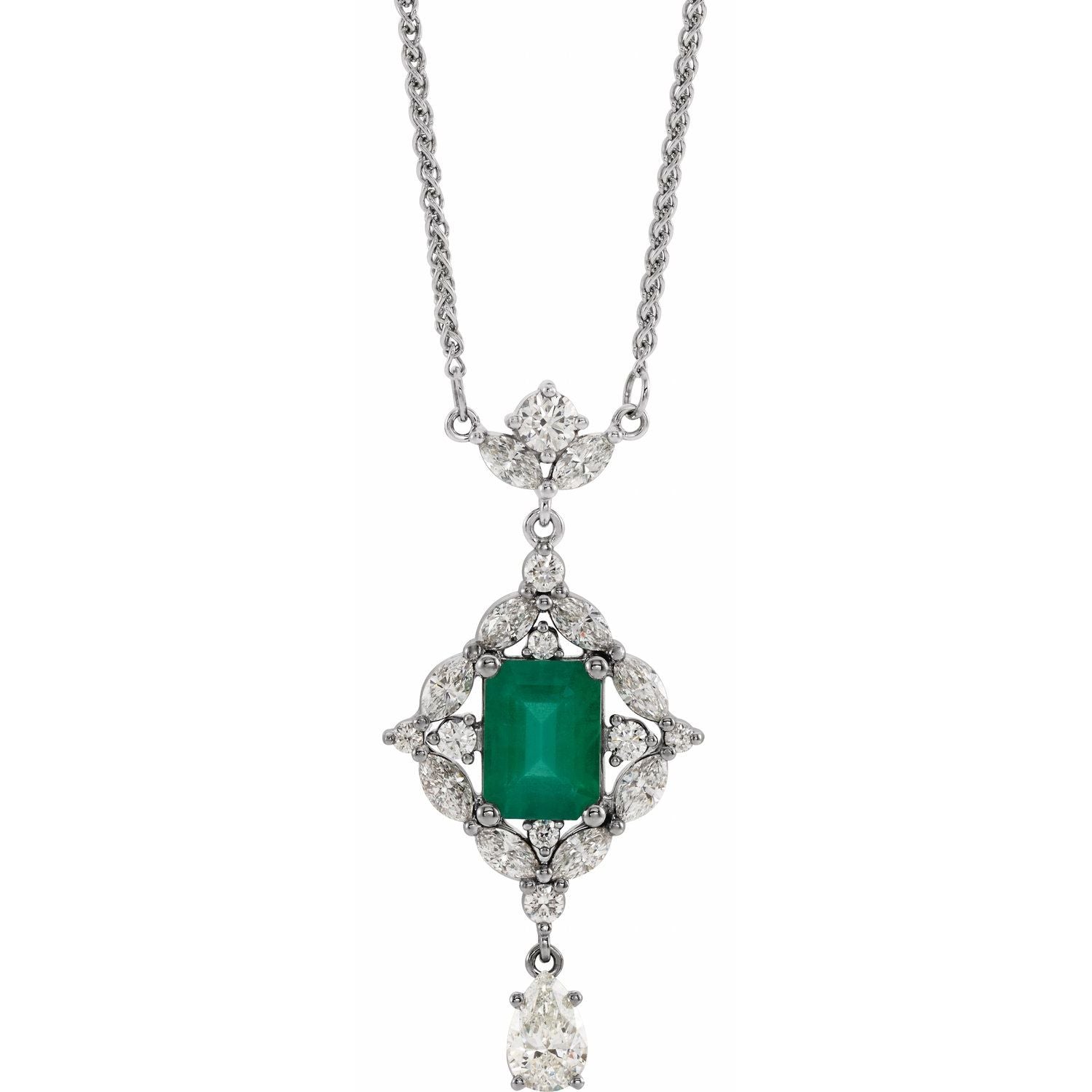 14K White Gold natural emerald and diamond statement necklace