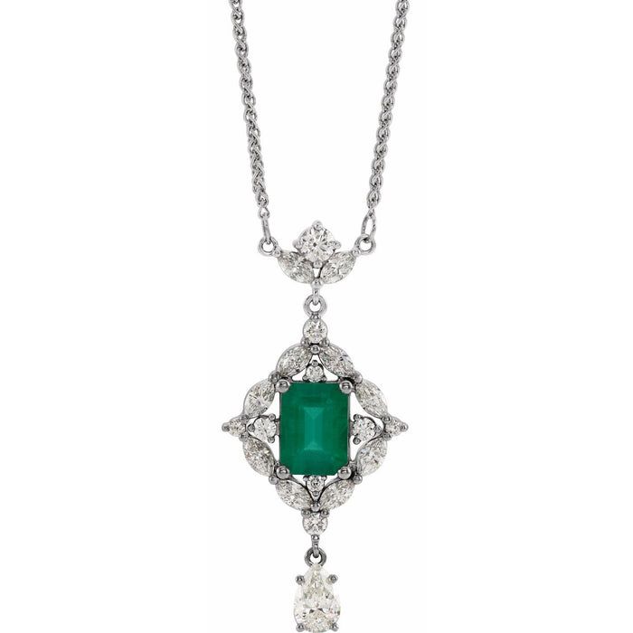 14K White Gold natural emerald and diamond statement necklace