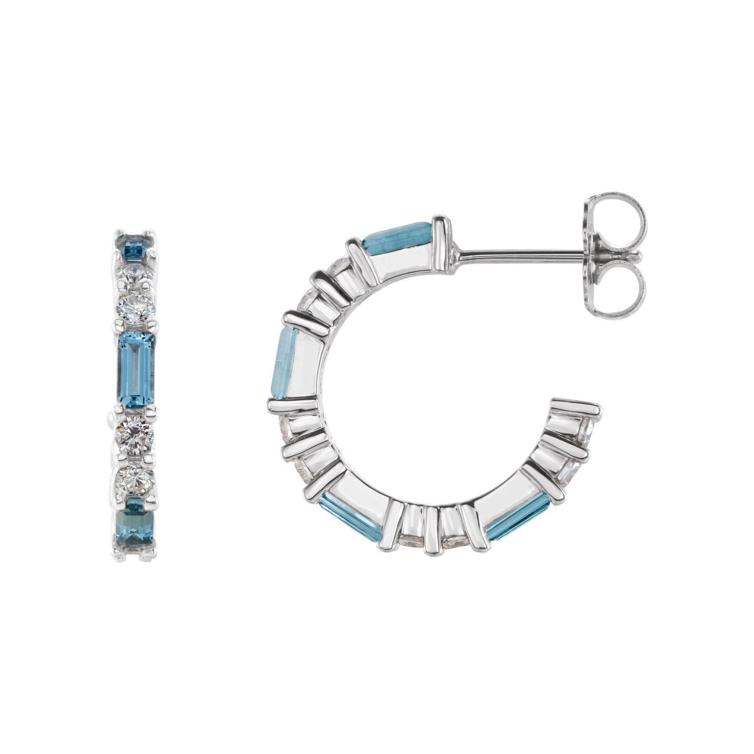 14K White Gold natural aquamarine baguette hoop earrings