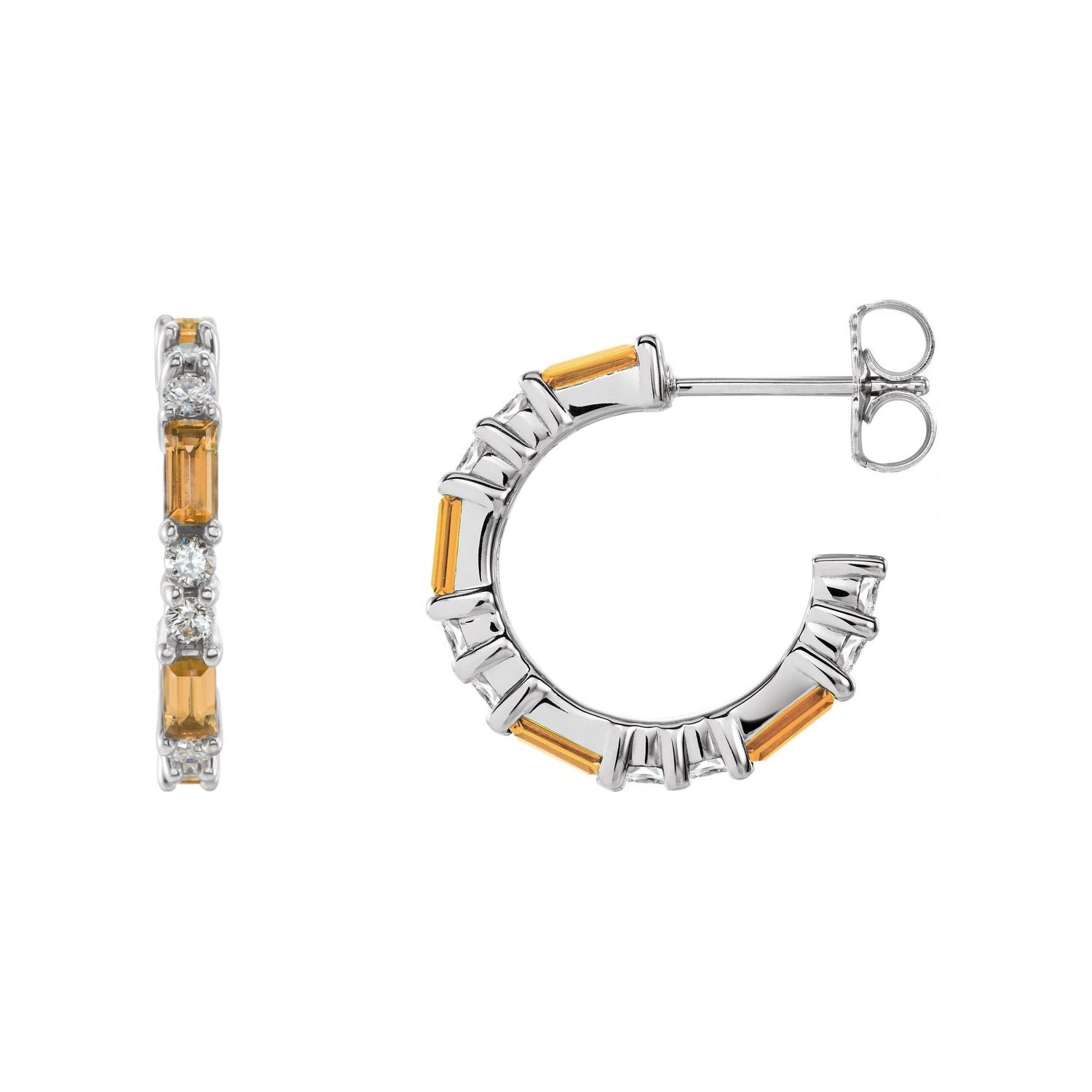 14K White Gold natural citrine baguette hoop earrings