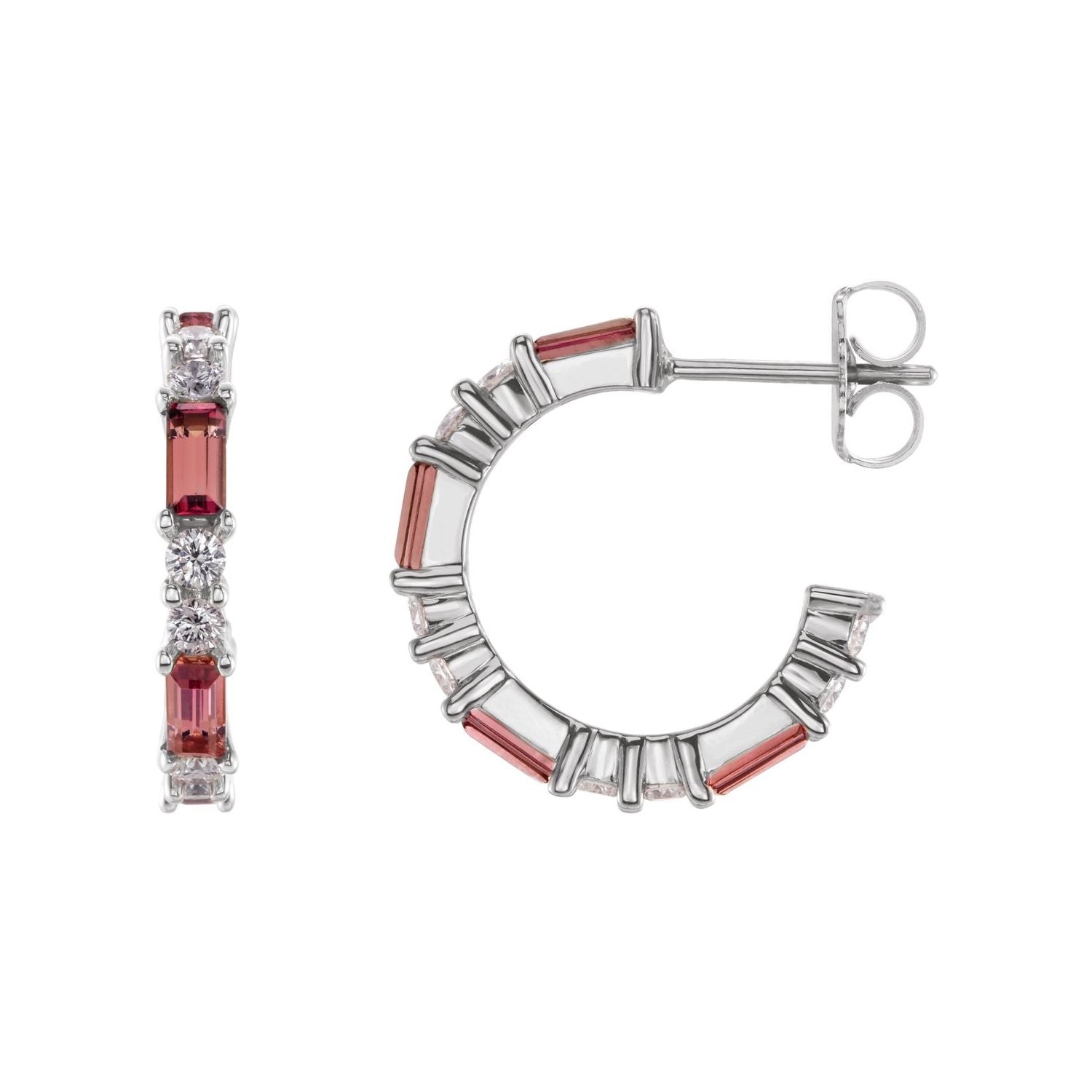 14K White Gold natural pink tourmaline baguette hoop earrings