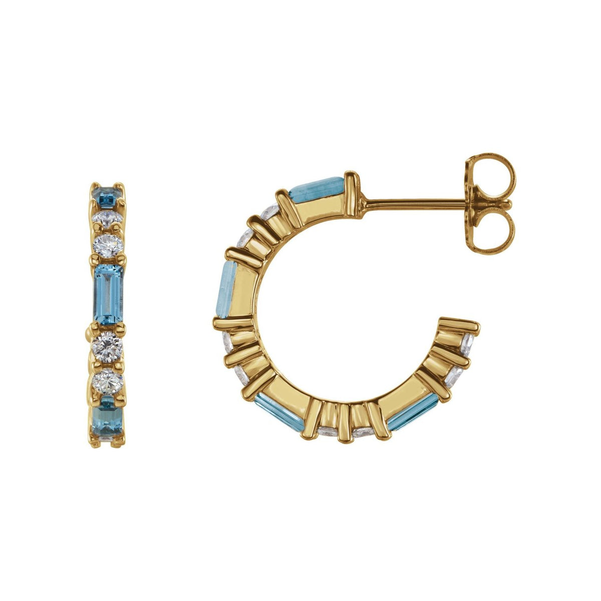 14K Yellow Gold natural aquamarine baguette hoop earrings