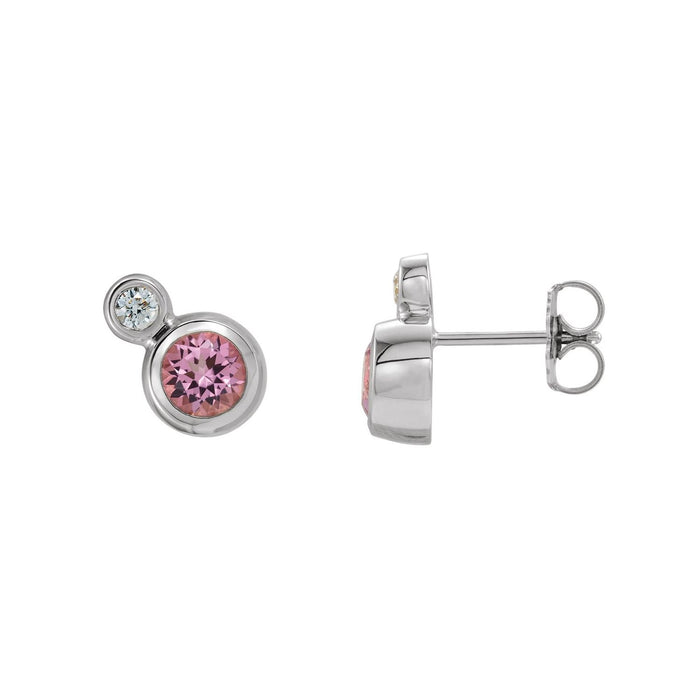 14K White Gold pink tourmaline round two-stone bezel earrings