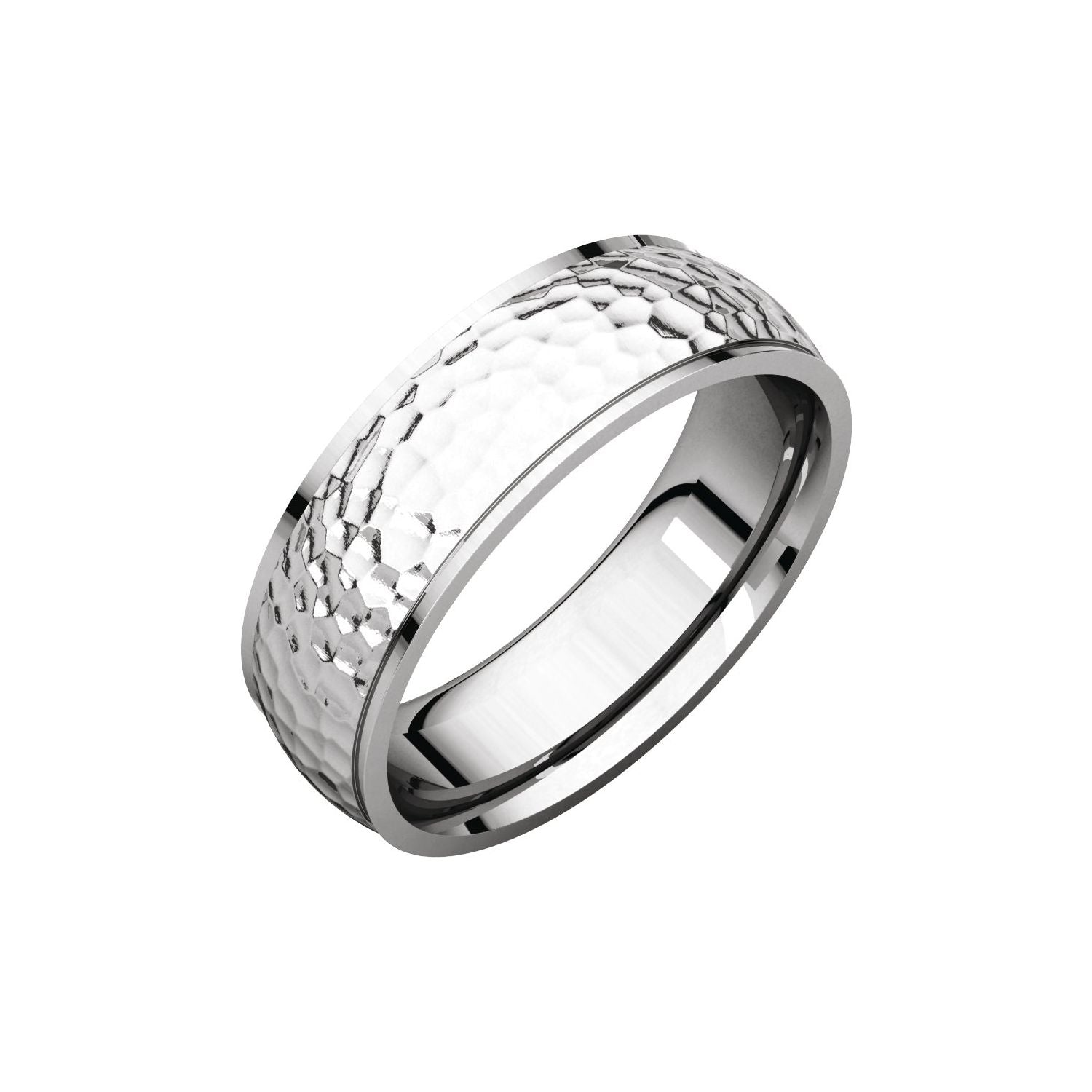 white gold comfort-fit half round band with hammer finish men's wedding band