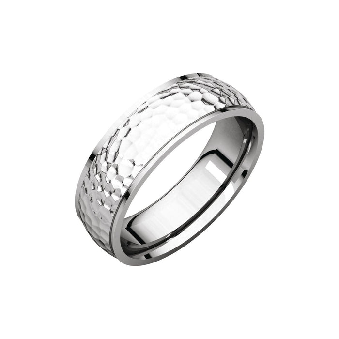 white gold comfort-fit half round band with hammer finish men's wedding band