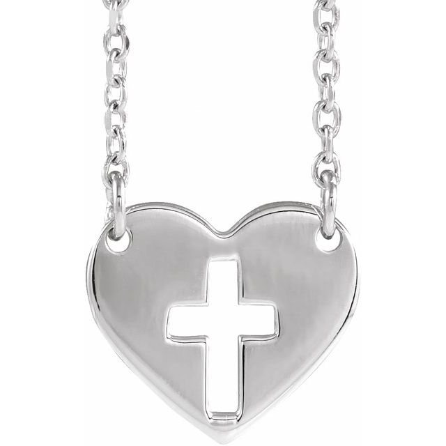 pierced heart cross necklace in 14k white gold