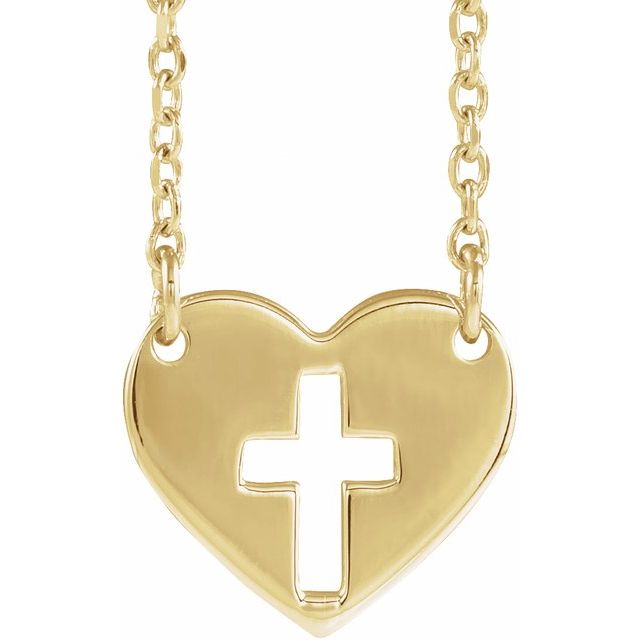 pierced heart cross necklace in 14k yellow gold