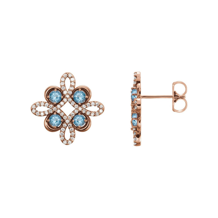 Diamond Clover Natural Aquamarine Earrings (1/4 ct) in 14K Rose Gold