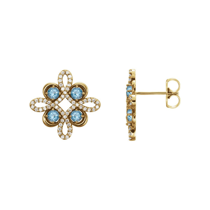 Diamond Clover Natural Aquamarine Earrings (1/4 ct) in 14K Yellow Gold