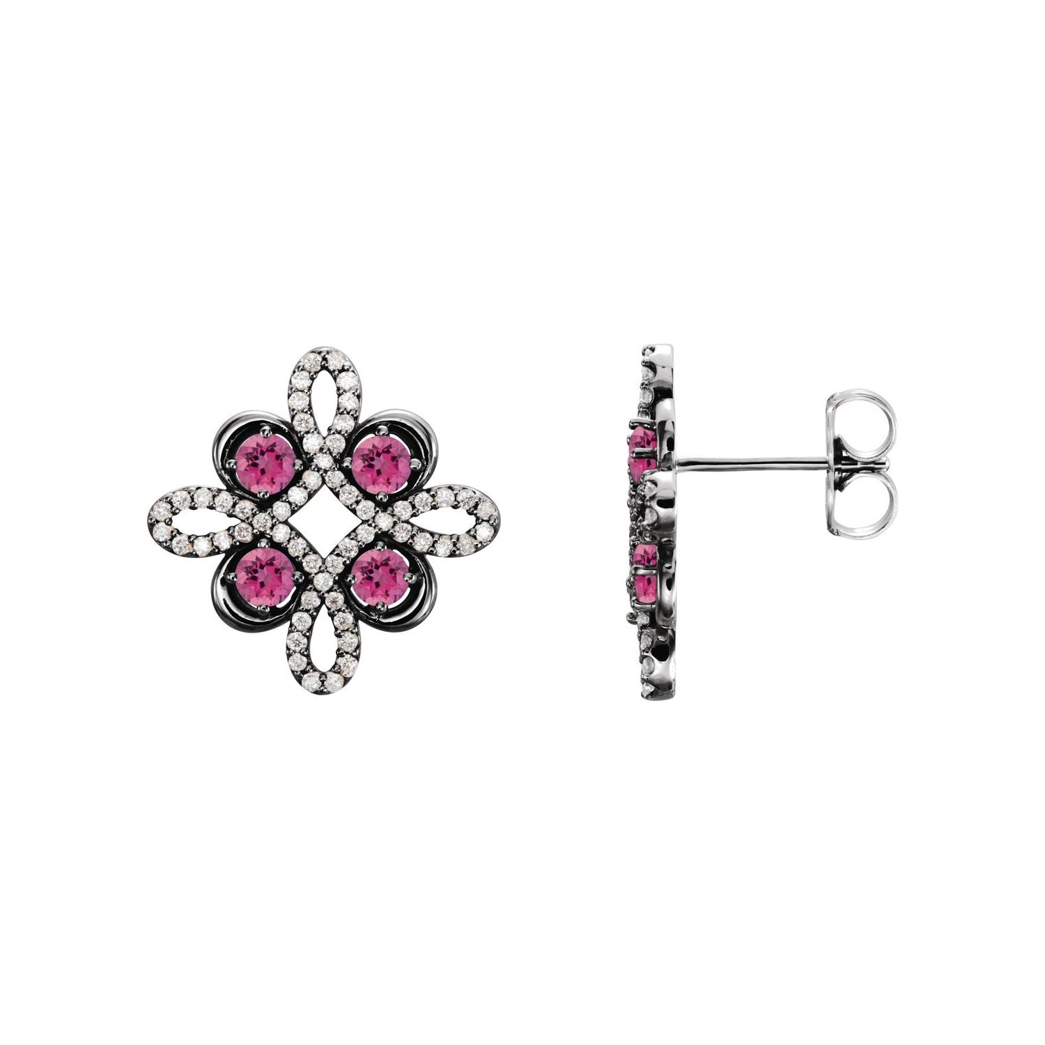 14K White Gold natural pink tourmaline round earrings