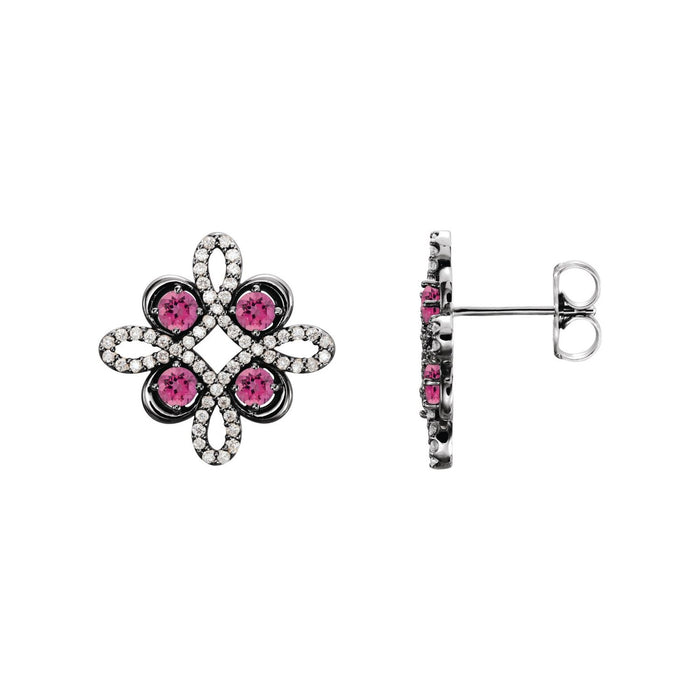 14K White Gold natural pink tourmaline round earrings