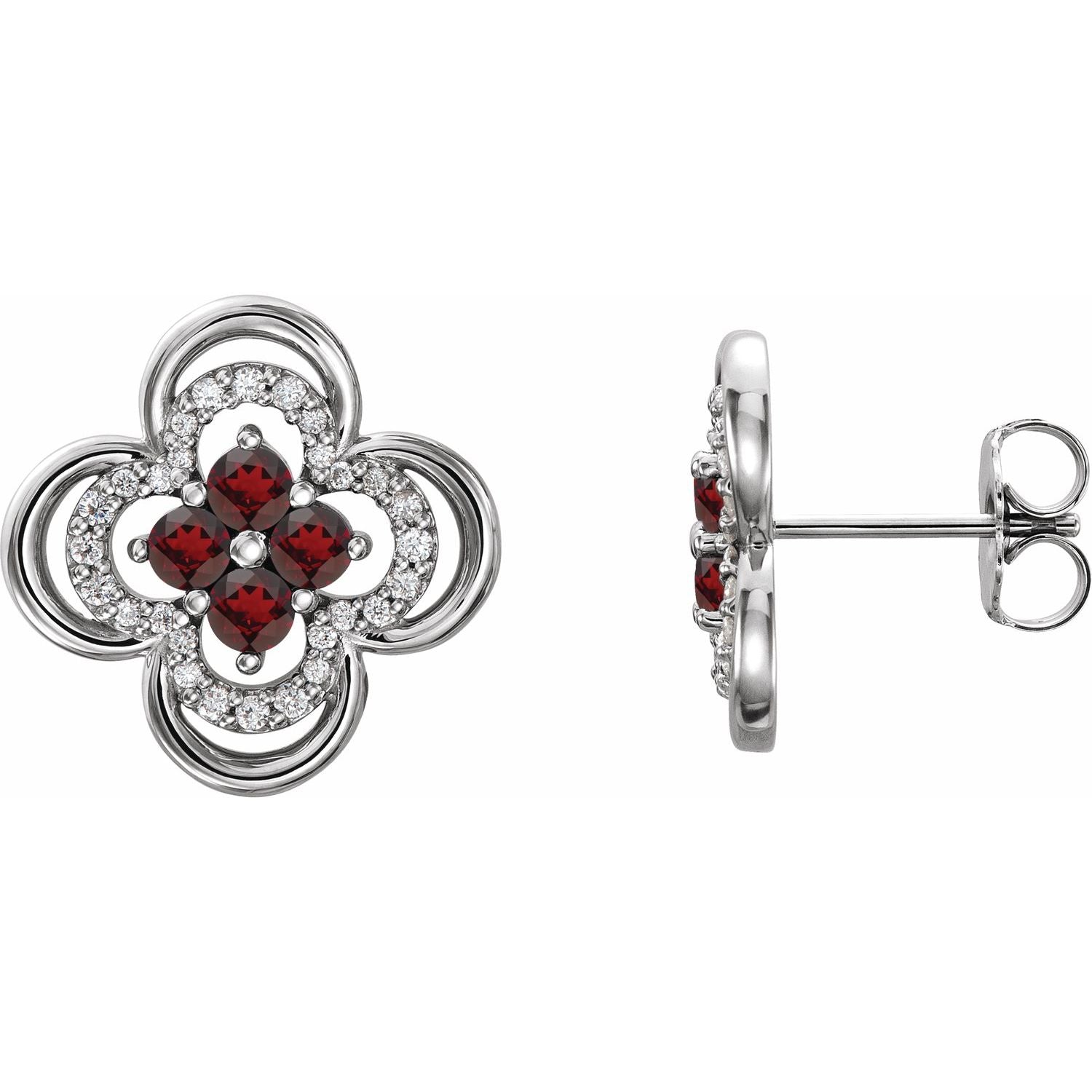 14K White Gold round natural garnet clover drop earrings