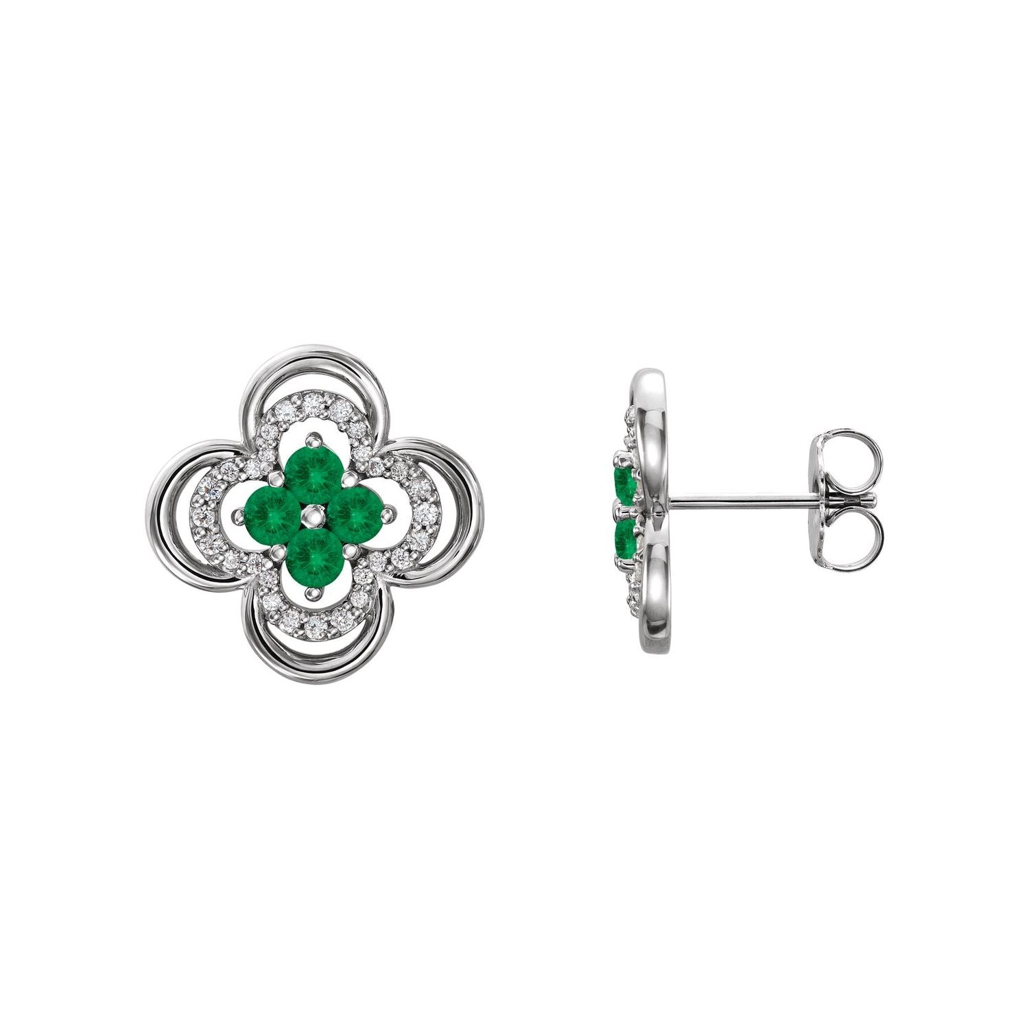 14K White Gold four-leaf clover natural emerald and natural diamond earrings