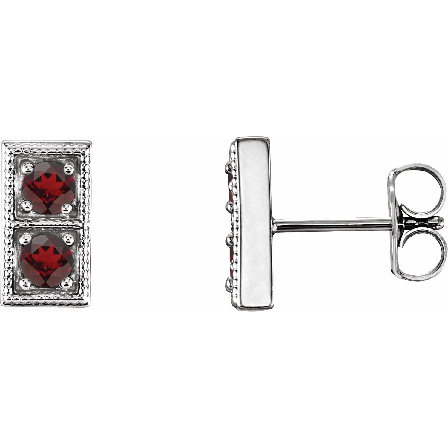 14K White Gold round natural garnet two-stone earrings