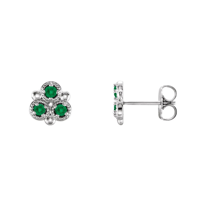 14K White Gold three-stone trefoil natural emerald stud earrings